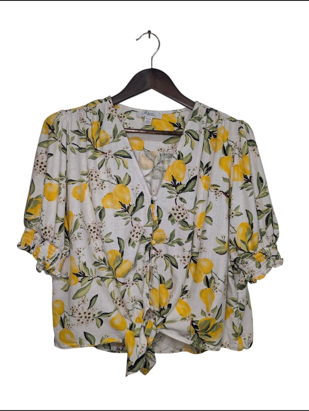 C by One Women’s XL White Yellow Pear Fruit Print Tie-Front Linen Blend Crop Top